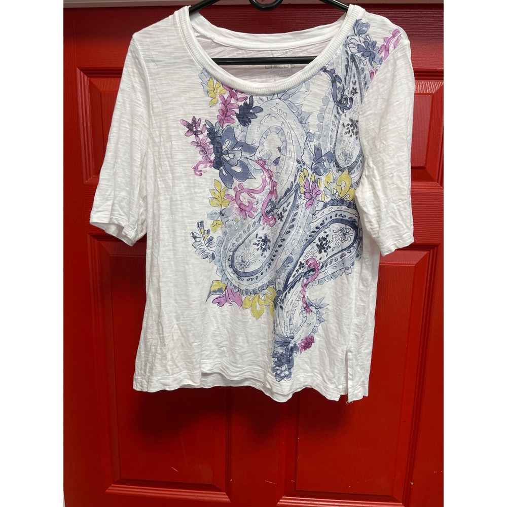 Chicos Slub Knit Paisley Graphic Tee White Cotton Modal Elbow Sleeve Size 1 M